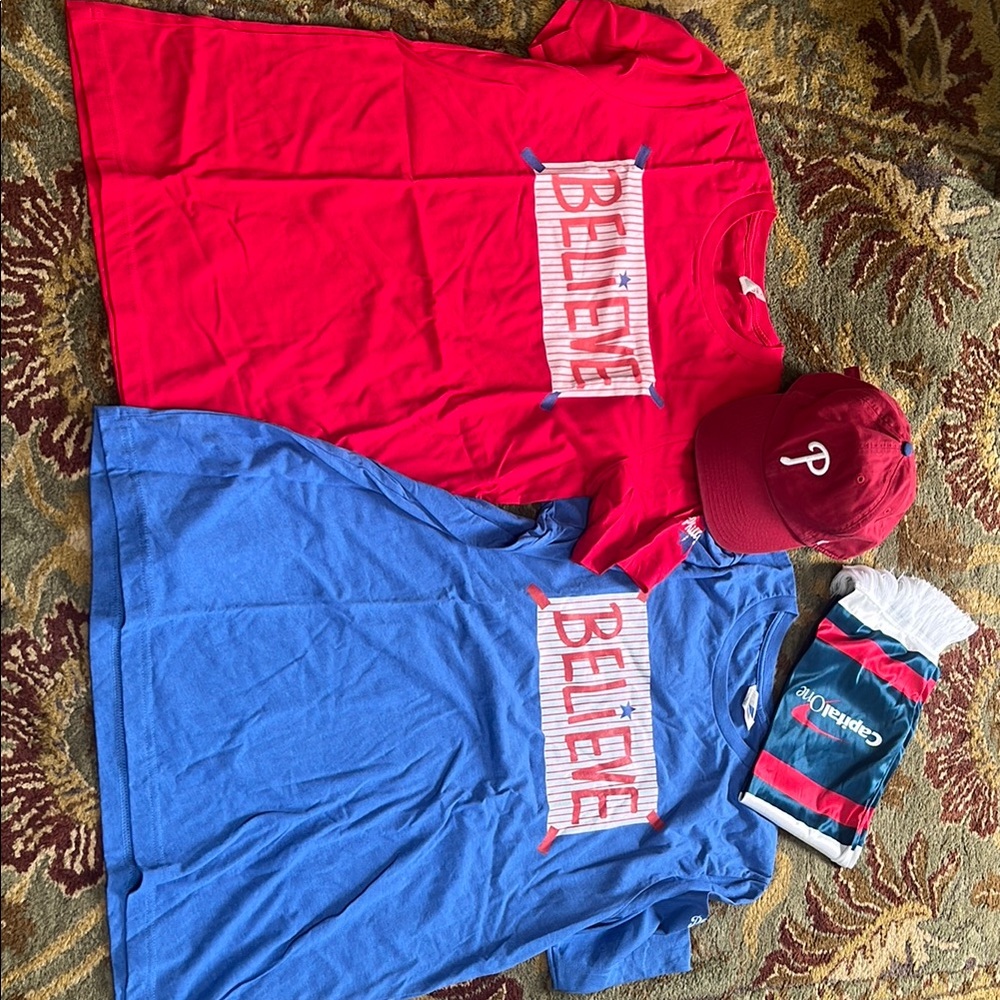 Brand New just cut tugs ( T-Shirts )
Red and Blue 'Believe' T-Shirts with Cap